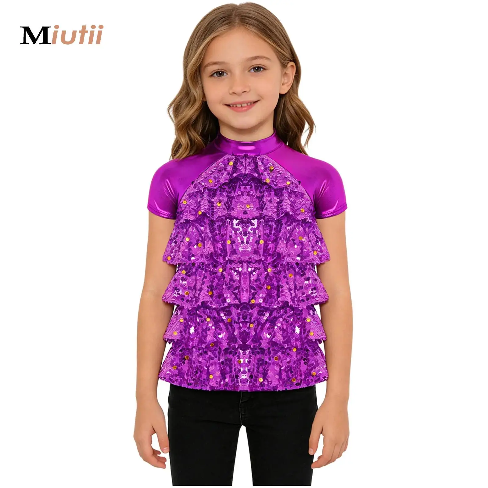 

Kids Girls Sequins Shiny Crop Top Short Sleeve Mock Neck Athletic Shirts Jazz Hip-hop Dance Tops Stage Performance Dancewear