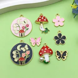 8/10pcs Colorful Enamel Mushroom, Flower, Butterfly Design Charms Alloy Plant Insect Pendants for DIY Jewelry Making Accessories