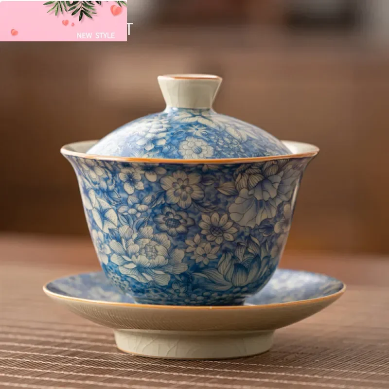 

130 мл китайская антикварная печь Ru с цветами, чайная подставка, крытая чаша, керамическая чайная чашка Gaiwan, бытовой сепаратор для чая, дорожная чайная посуда