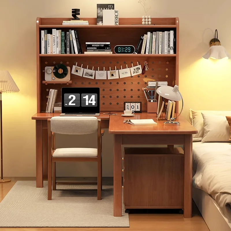 Modern 7-Character L-Shape Solid Wood Corner Desk Integrated Bookshelf Table Hole Board For Home Office Bedroom Computer Setup