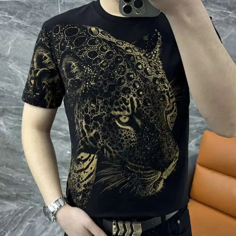 Trend Fashion American Casual Short Sleeve Bottom Summer Top Men Fashion Short Sleeve T-shirt Leopard Head Print Hot Diamond