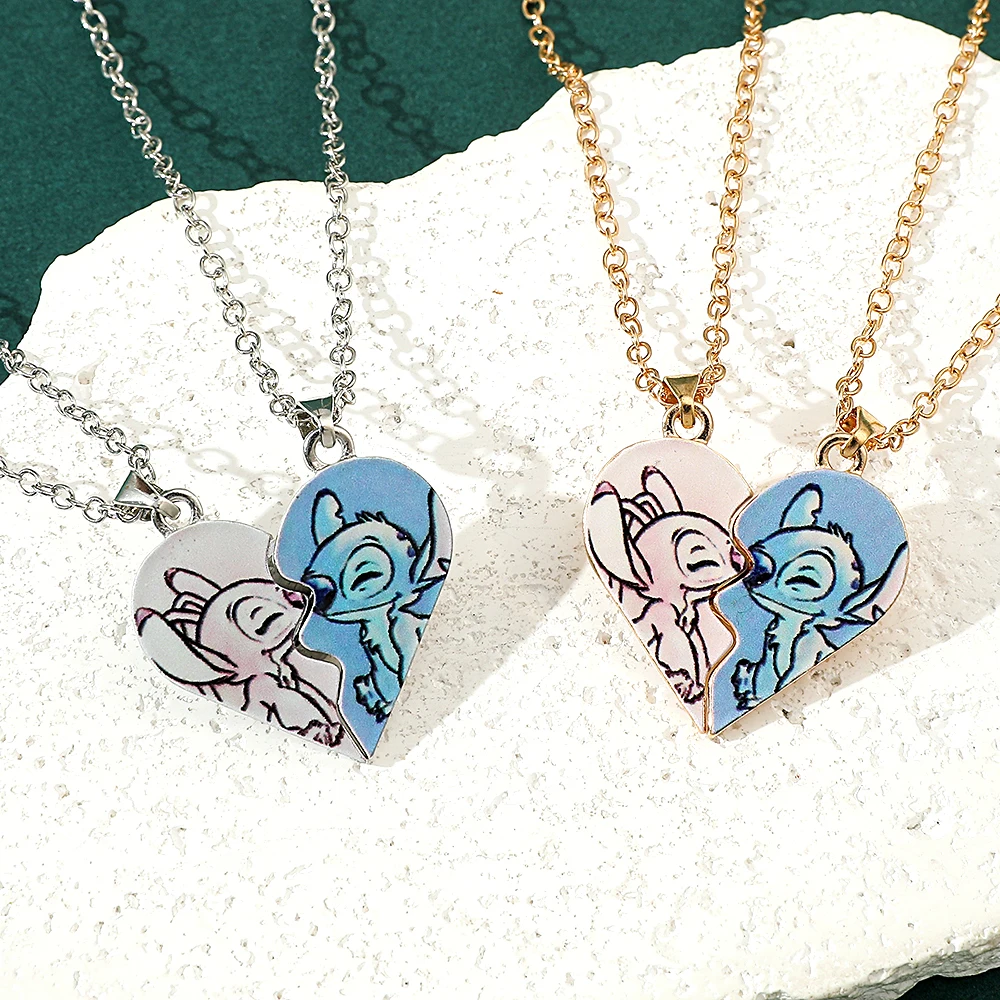 Disney-Stitch Heart Necklace for Couple, Gold and Silver Color, Angel and Stitch, Cute Style , Jewelry Pendant, Gift for Girl, 1