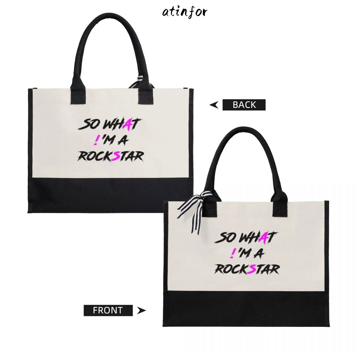 atinfor 43x17x32CM SO WHAT I'M A ROCKSTAR Women Canvas Handbag Lady Beach Shoulder Shopping Casual Beach Bag Large