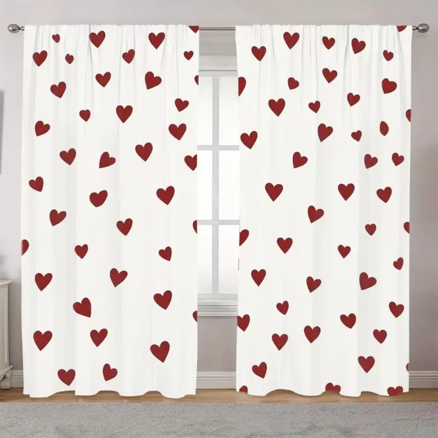 2 PCS Full Hearts Curtains, Romantic Sweet Style Window Drapes for Living Room Bedroom Home Decor Polyester Rod Pocket Design