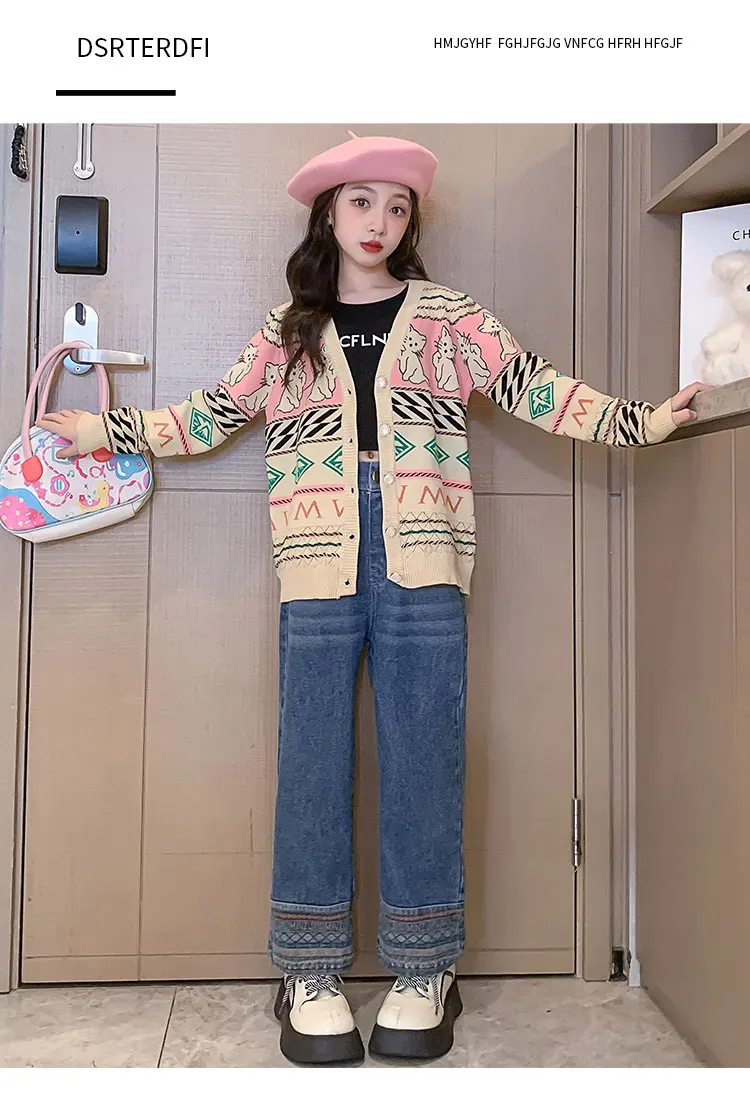 Vintage Kinder Cartoon Katzen Strickjacke für Mädchen Niedliche Mode Kinder Neue Frühlings-Strickkleidung Teenager Klassische Retro-Strickwaren – Detail 7