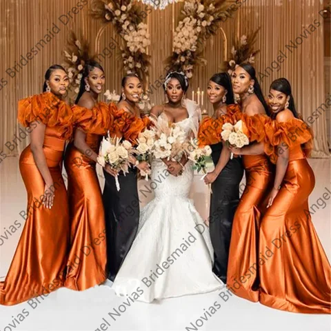 Customized Long Orange Mermaid Bridesmaid Dresses For Weddings Party Dress Puffy Sleeves Robes Invitee Mariage