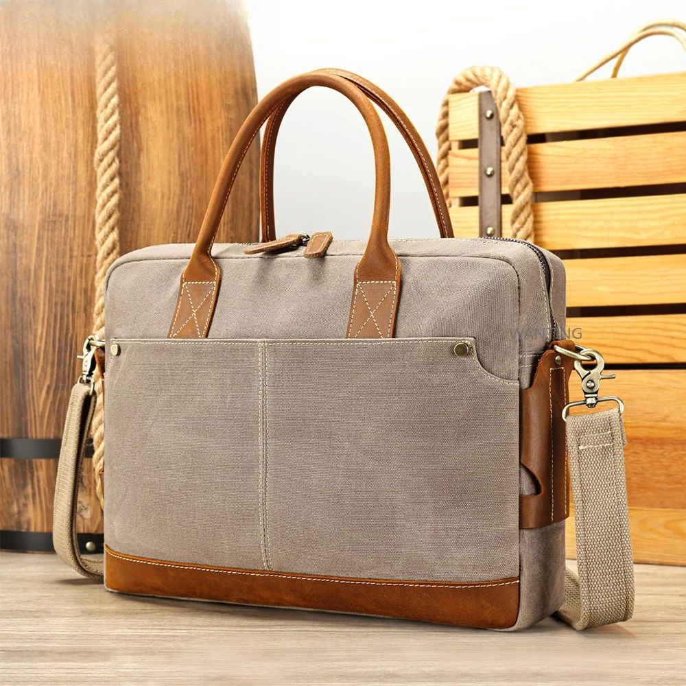 

Портативный мужской парусиновый портфель с Crazy Horse, кожаный ретро-сумка через плечо, уличная дорожная сумка для компьютера Messeage