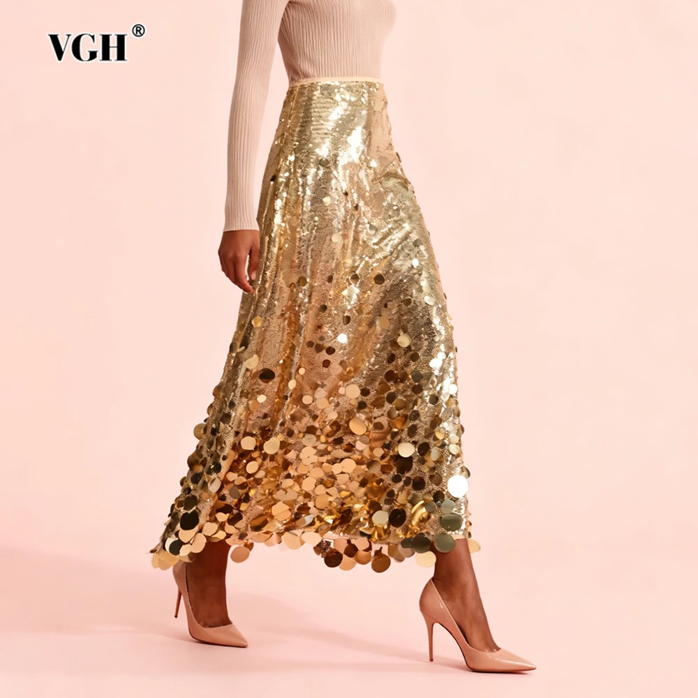 VGH رائع التخسيس الصلبة الترتر تنورة طويلة للنساء عالية الخصر تقسم سستة الخريف مزاجه تنورة الحفلات الإناث نمط