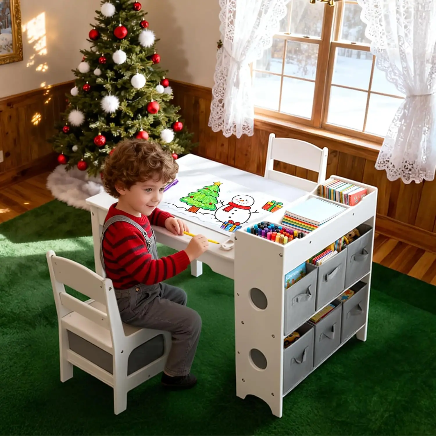 Kids Art Table & Chair Set, Wood Toddler Activity Table for Kids Drawing, Reading, Studying, Crafting, Playing, 8 Removable Bins