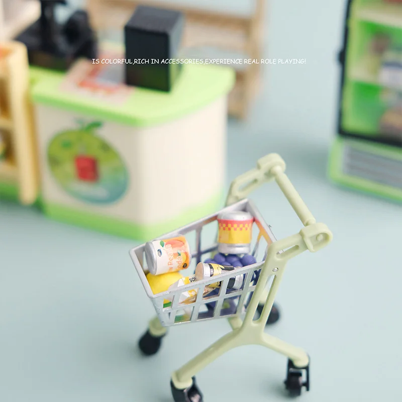 DIY escena en miniatura montaje modelo a juego Mini tienda de conveniencia caja registradora carrito de compras estante juguetes para jugar a las casitas para niños