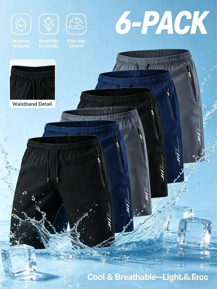 

6-Pack Men’s Quick-Dry Breathable Sport Shorts With Zip Pockets, Elastic Waist, Reflective Lightning Design For Gym, Beach,
