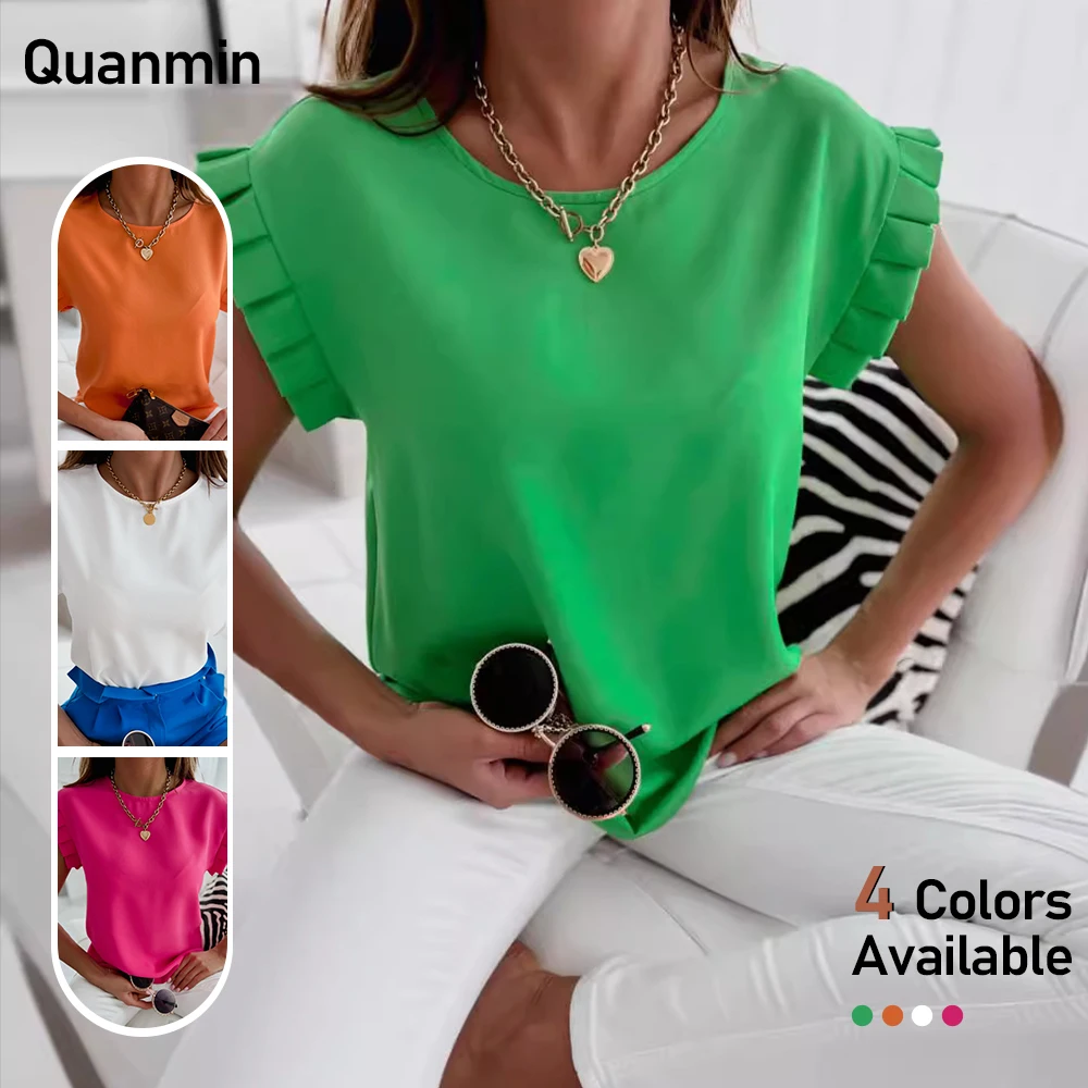 

Women'S T-Shirts Pure Color Short Sleeved Minimalist Round Neck Pleated Summer Shirts Elegant Business Office Work Blouses