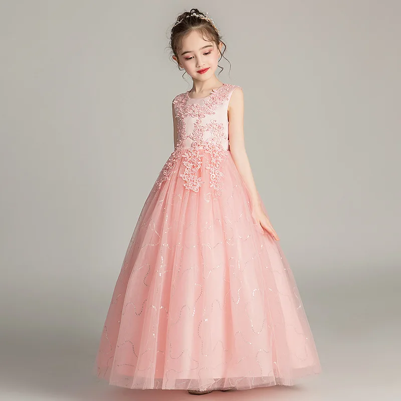 Embroidery Flower Girls Princess Sequins Wedding Christmas Party Trailing Dress Teenager Children Kids Vestidos for 4-15Years