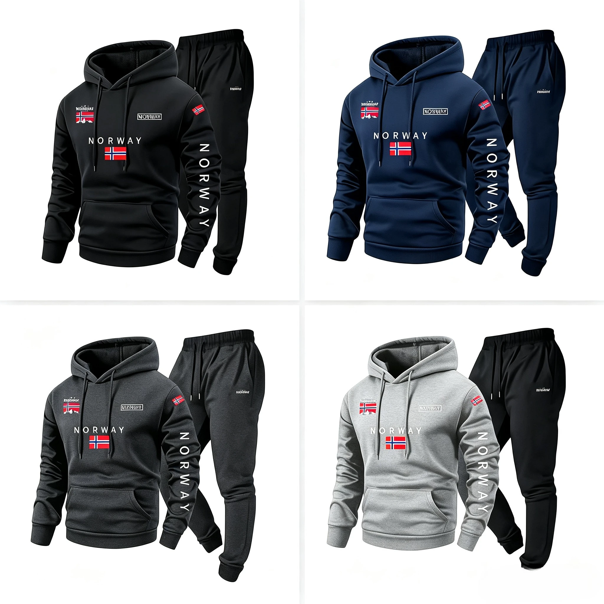 Cartoon Norwegian letter drawstring hoodie and sweatpants set with micro elastic fabric, pattern design, loose fit men's style
