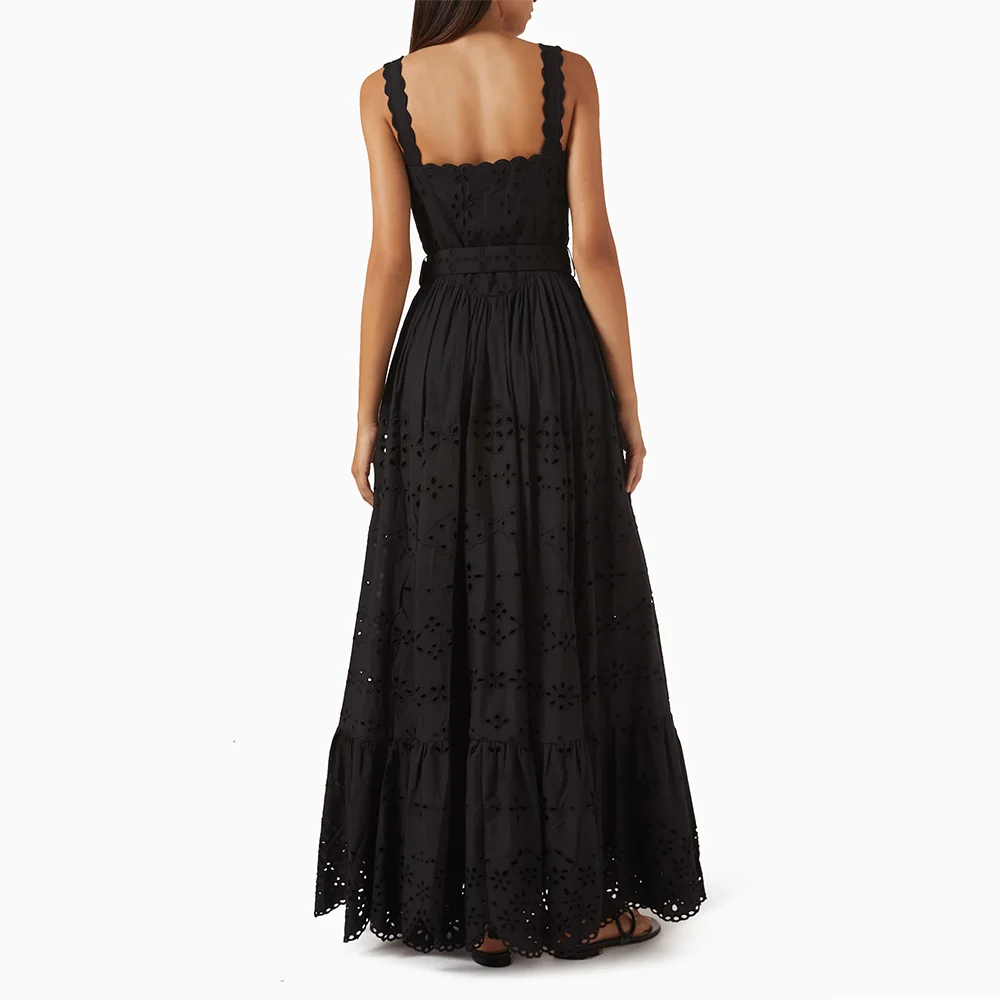 Black A Line Evening Dress Elegant Spaghetti Strap Square Neck Floor Length Evening Gowns Backless Party Dress Customized