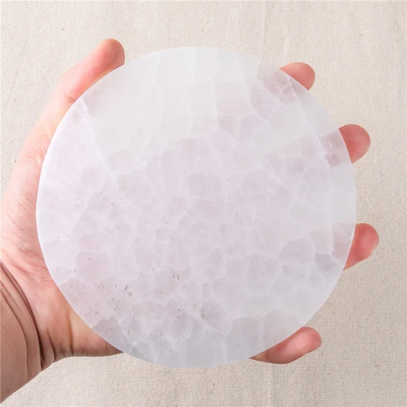 10CM Natural Crystal Transparent Round Coaster Selenite  Stone Crystal Lamp Accessories Cleansing Healing Meditation Fengshui