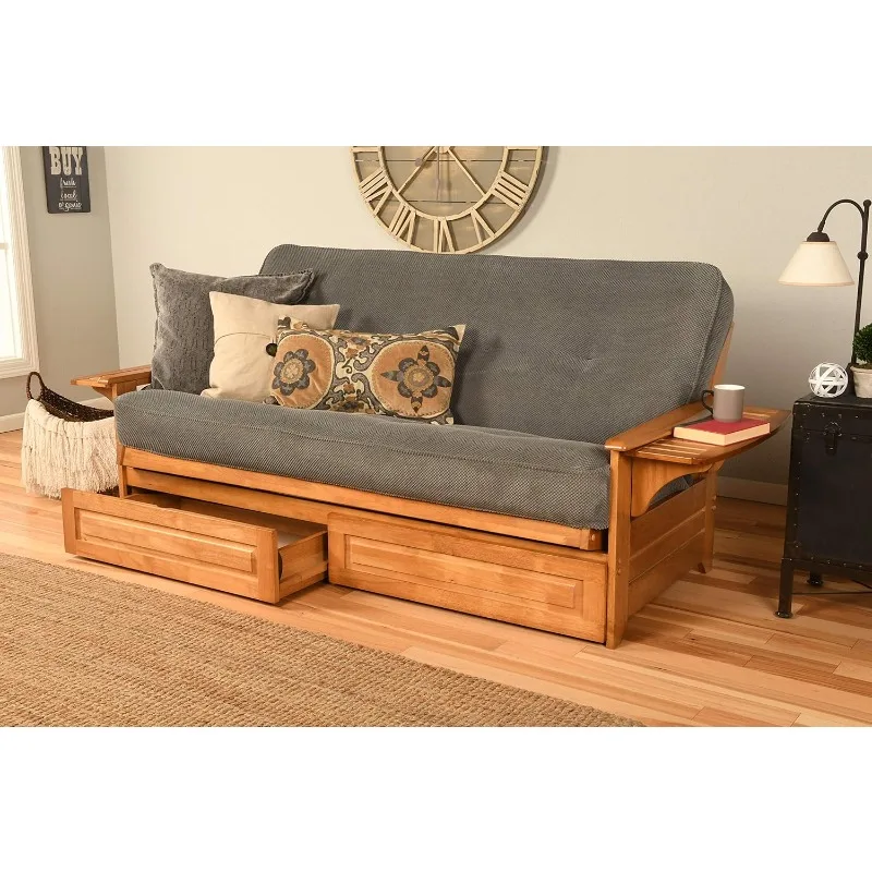 Phoenix Full Size Futon in Butternut Finish with Storage Drawers, Marmont Thunder