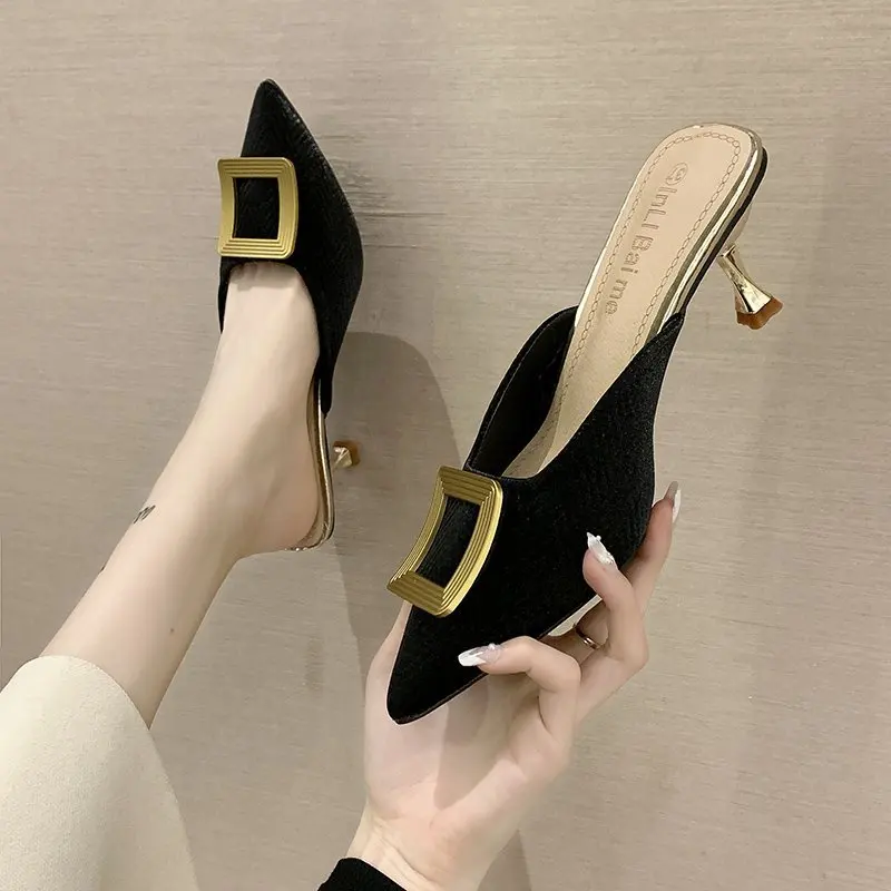 Summer New Style Baotou Metal Square Buckle Slippers Women Fashion Pointed Mid-heel Stiletto Sandals