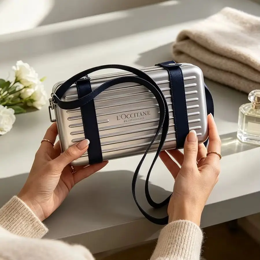 Loccitane ABS Hard Shell Cosmetic Bag Silver Metallic Paint Vertical Stripe Pressure Resistant Detachable Adjustable Dark Blue P view 3