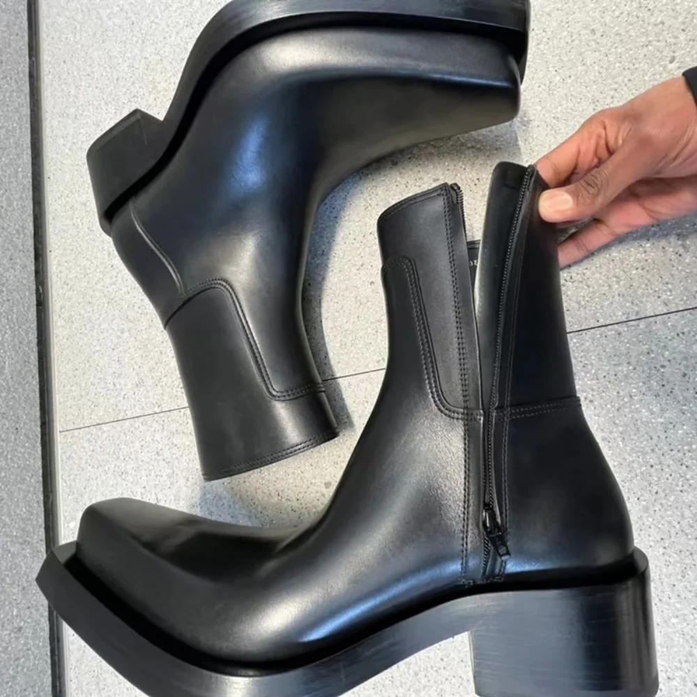 

Pointed Square Toe Thick Heel Chelsea Boots Men Short Boots Zipper Thick Sole Chimney Upturned Toe Chelsea Leather Boots Trendy