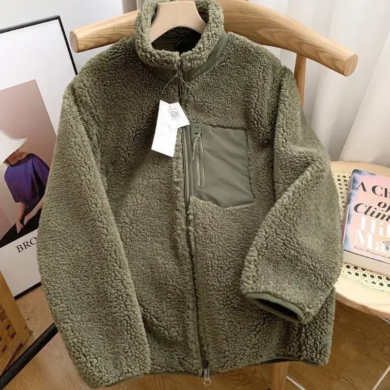 

Autumn Winter Fleece Stand Neck Jacket Couple Zipper Loose Windproof Warm Lamb Wool Coat Solid Polar Fleece Comfort Spliced Tops