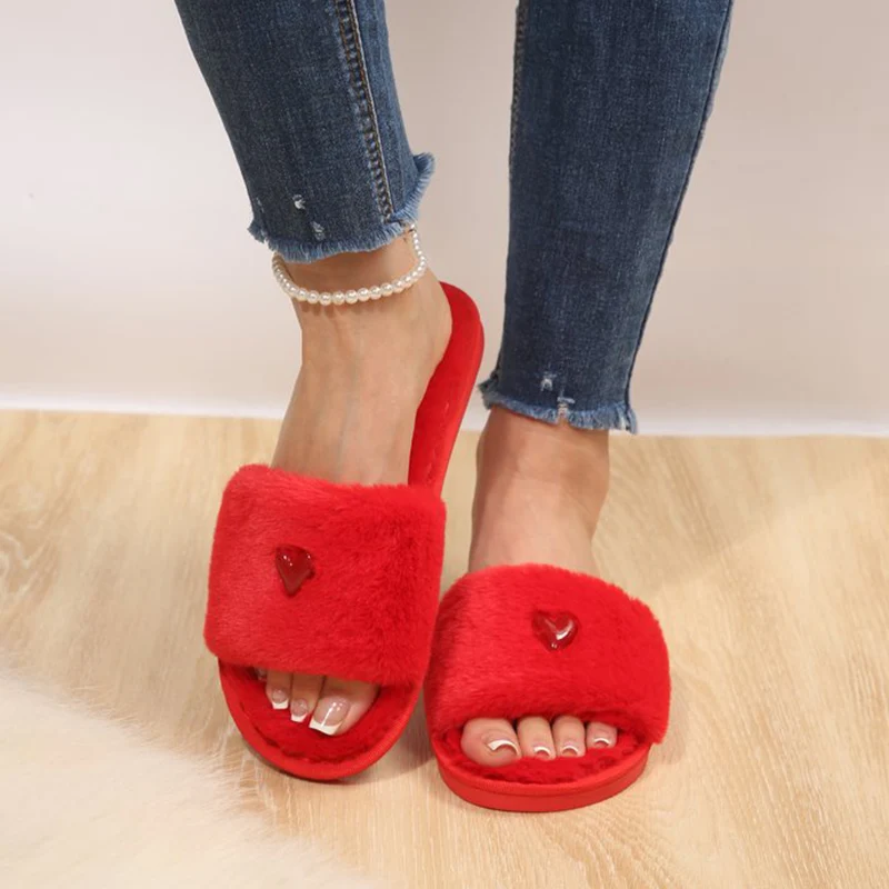 Autumn Winter Fluffy Fuzzy Slippers Women Comfortable Non Slip Flat Heel Home Floor Slides Woman Open Toe Warm Plush Slippers image 3