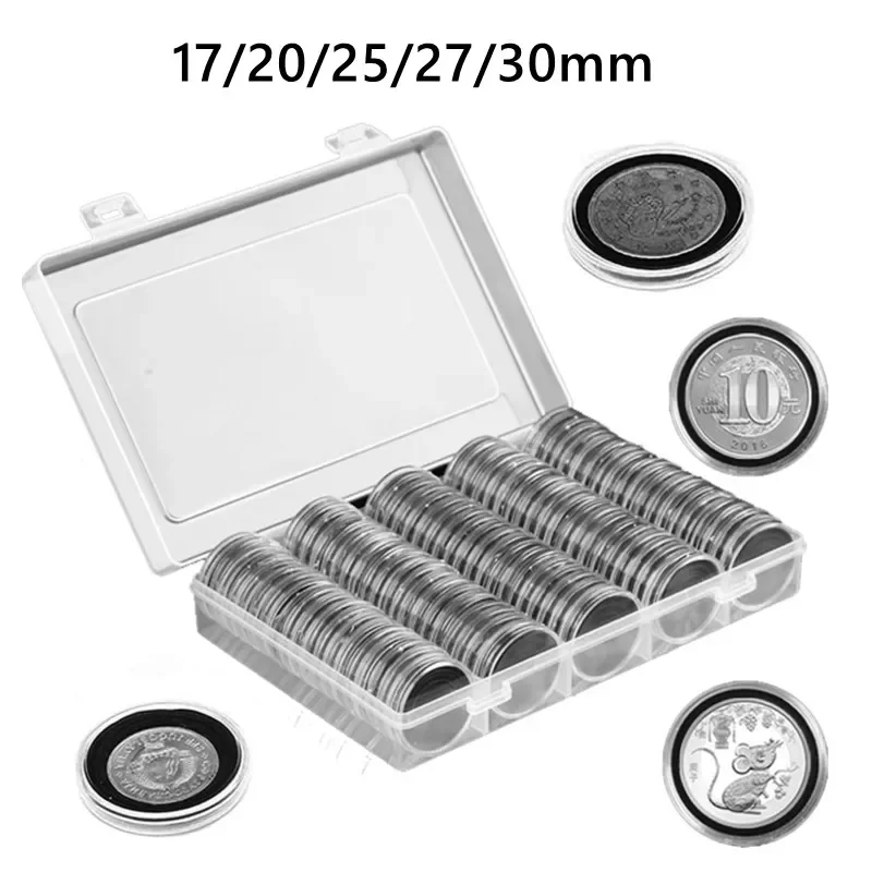 100pcs Coin Capsules 5 Sizes (17/20/25/27/30mm) Protect Gasket Coin Holder Case with Plastic Storage,for Coin Collection Decor