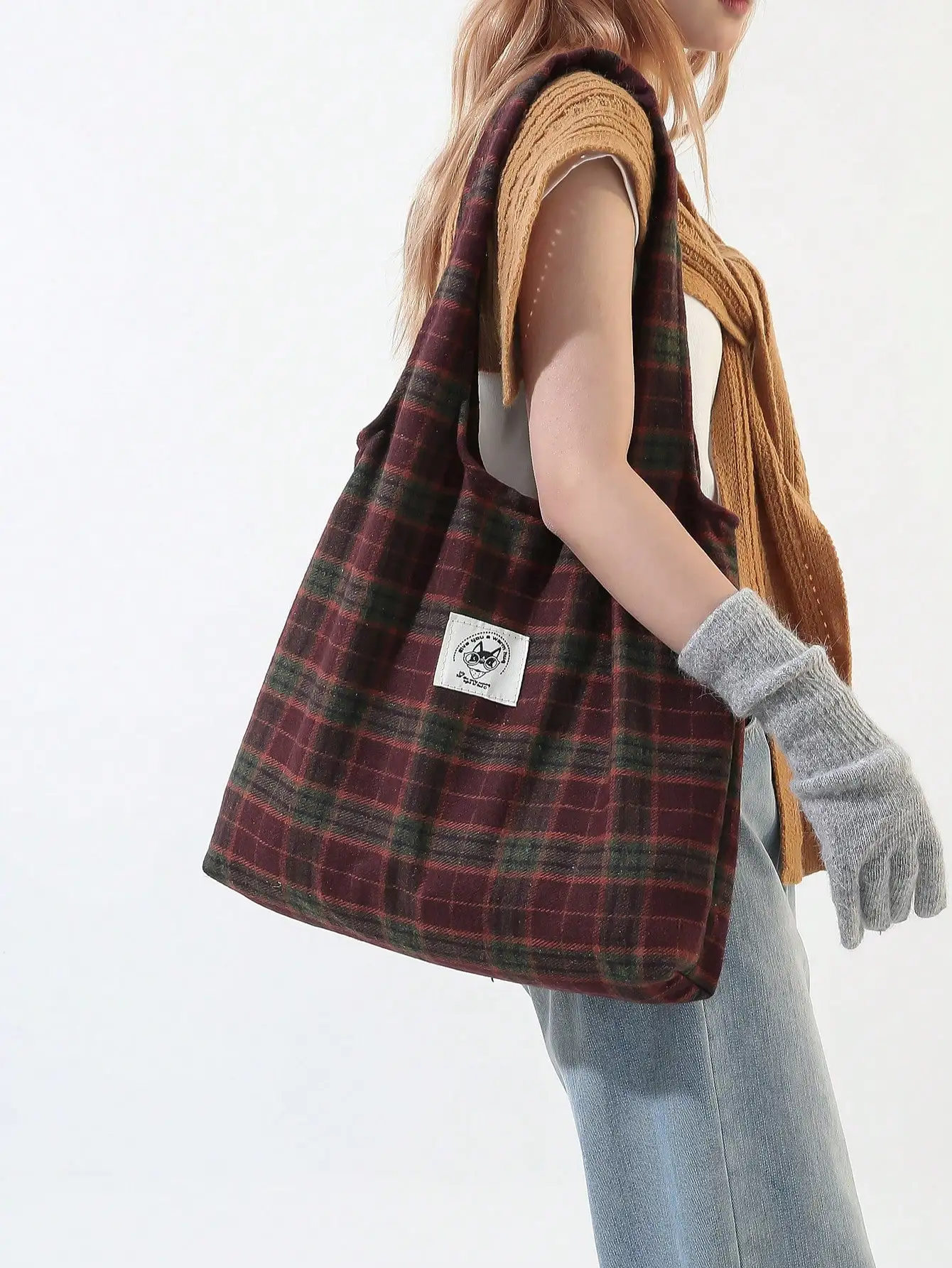 Lässige Retro-Karierte Tragetasche Große Kapazität Tragbare Tasche Weiche und Langlebige Canvas-Schultertasche Geeignet für Tägliches Pendeln – Detail 7