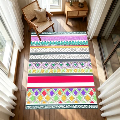 Bohemian Style Vertical Striped Ethnic Geometric Carpet Floor Tile with Bright Tribal Diamond Pattern, Durable Floor Mat Suitable for Home Decoration