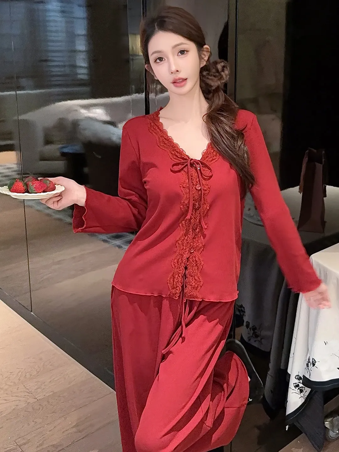 

2026 New Red Women's Sleepwear Long Sleeve V-neck Lace Home Clothes Soft Modal Fabric Suitable for Outdoor Wear