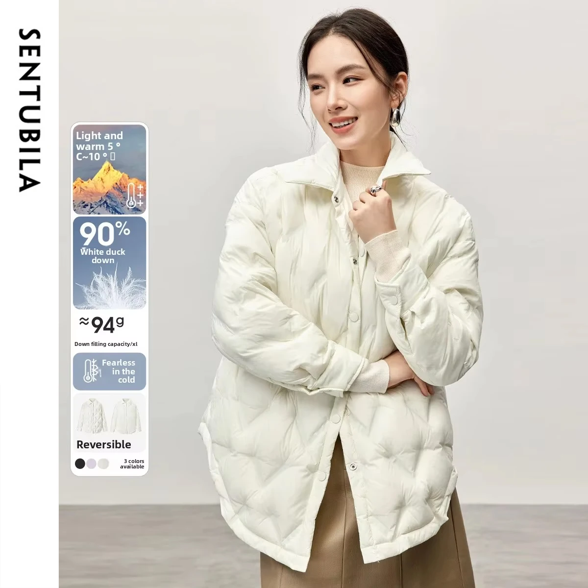 

SENTUBILA Stand Collar Down Jacket for Woman 2025 Winter New Fashion Warm Down Coats Solid Reversible Women's Clothing W44Y57441
