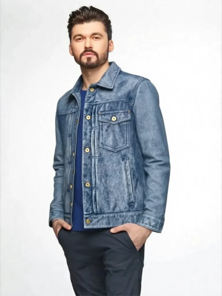 Blue Spring Leather Jacket Men Vintage Style Plus Size 5XL Genuine Natural Cowhide Turn-Down Collar Single Breasted Denim Coat
