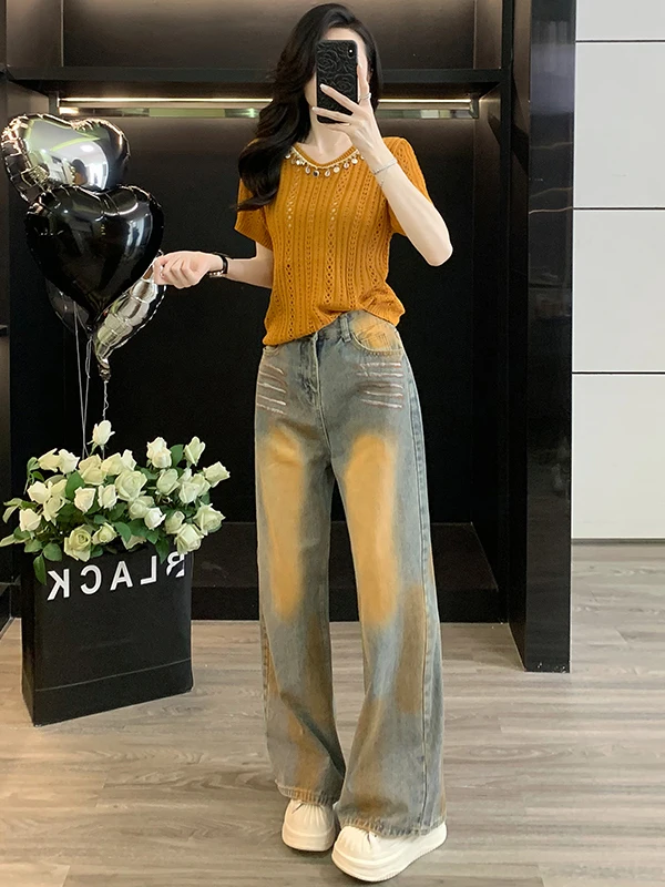 

Fashionable Knitted Hollow out Short Sleeve Top And Wide Leg Jeans Two Piece Set for Women Summer Style Casual Sportswear