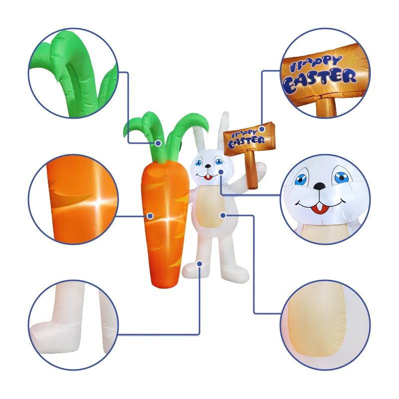 6FT Happy Easter Inflatable Rabbit with Carrot Road Signs Decor Glowing LED Lighted Airblown Yard Ornament  Holiday Decorations
