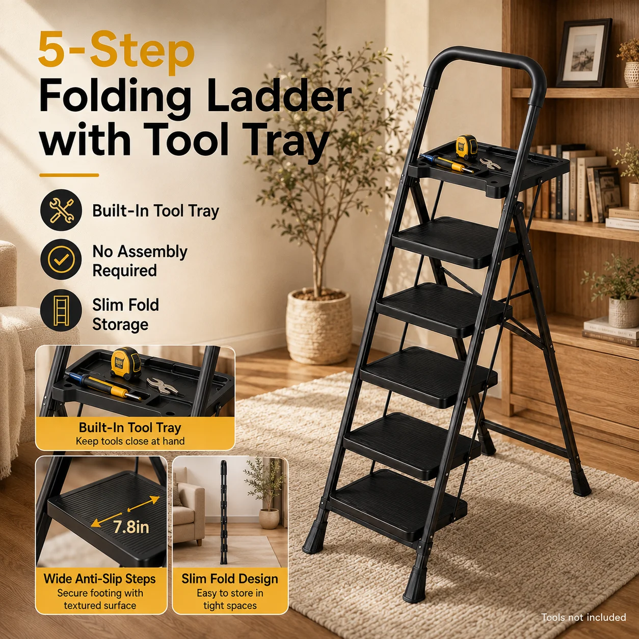 5 Step Folding Ladder with Tool Tray Heavy Duty Steel Step Stool with Wide Anti Slip Steps and Handrail No Assembly Portable Slim Fold Ladder for Home Kitchen Garage Closet DIY Repair Painting Cleaning Storage Shelf Stocking Indoor Outdoor Daily Use
