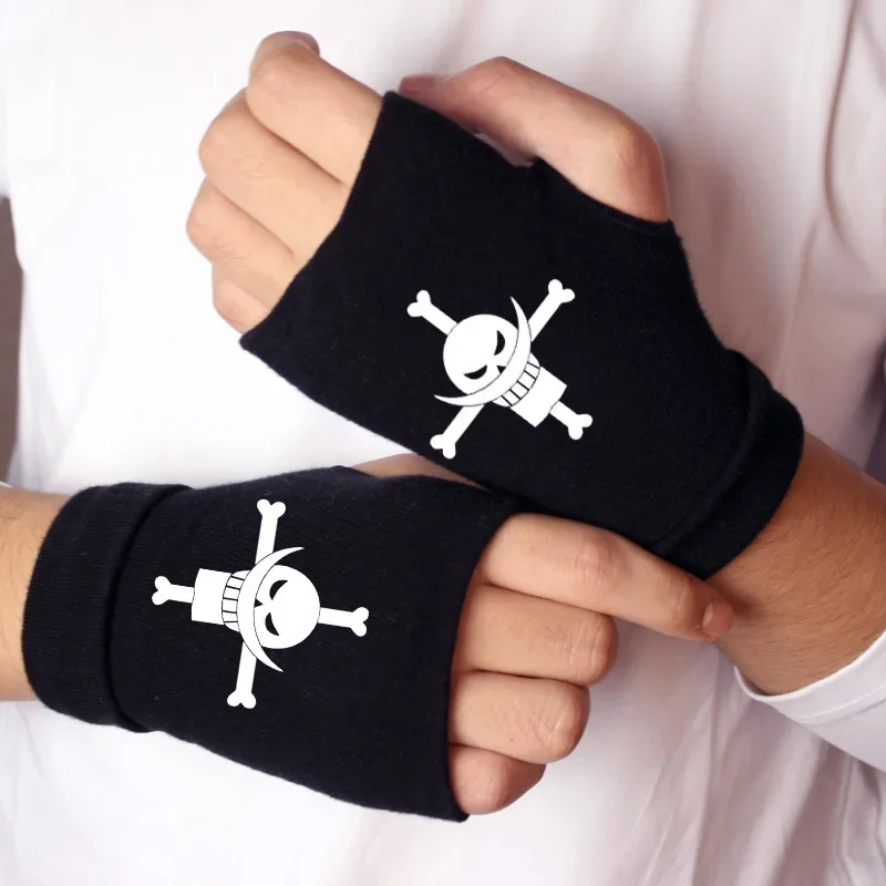 One Piece Pirate Skull Logo Cotton Noctilucent Gloves Edward Newgate Anime Mittens Knitted Fingerless Glove Winter Warm Kid Gift