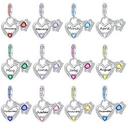 925 Sterling Silver January-December Birthday Stone Love Zircon Pendant Bead Fit Charms Necklace Bracelet Women Jewelry DIY Gift
