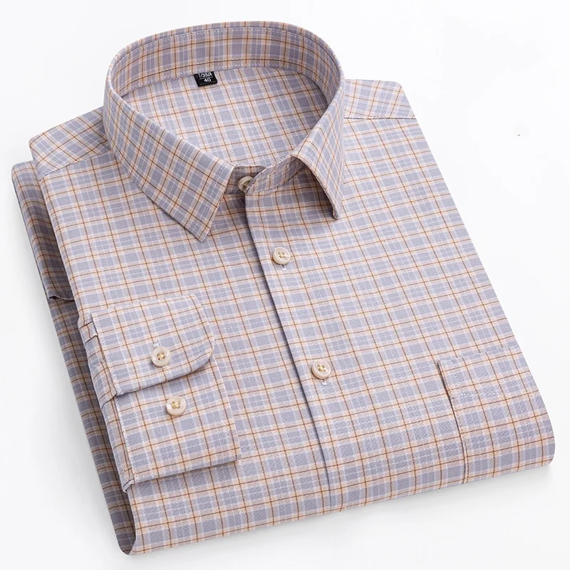 S-11XL 100% Pure Cotton Oxford Men\'s Shirt Long Sleeve Striped Plaid Regular Fit Casual Dress Shirts style Male Blouse Clothing