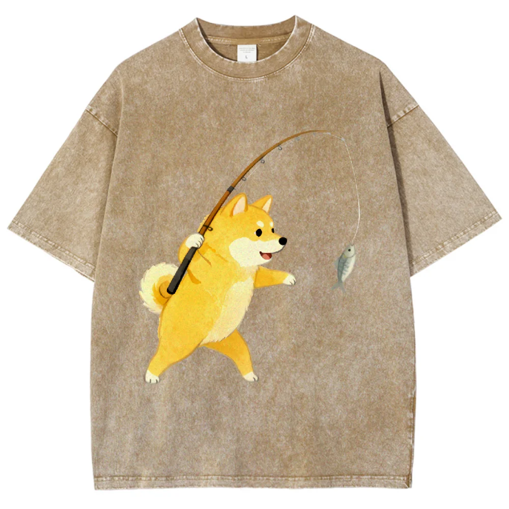 

Dog And Fish Print Oversized T Shirt Unisex Casual Vintage Graphic Tee for Nature Lovers Summer Streetwear Harajuku Y2K