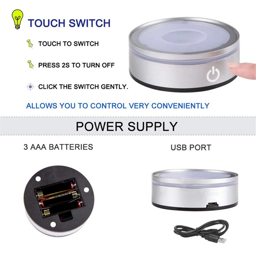 LED Light Base with Sensitive Touch Round Colorful Stand Display for 3D Crystal Glass Art Silver Concave