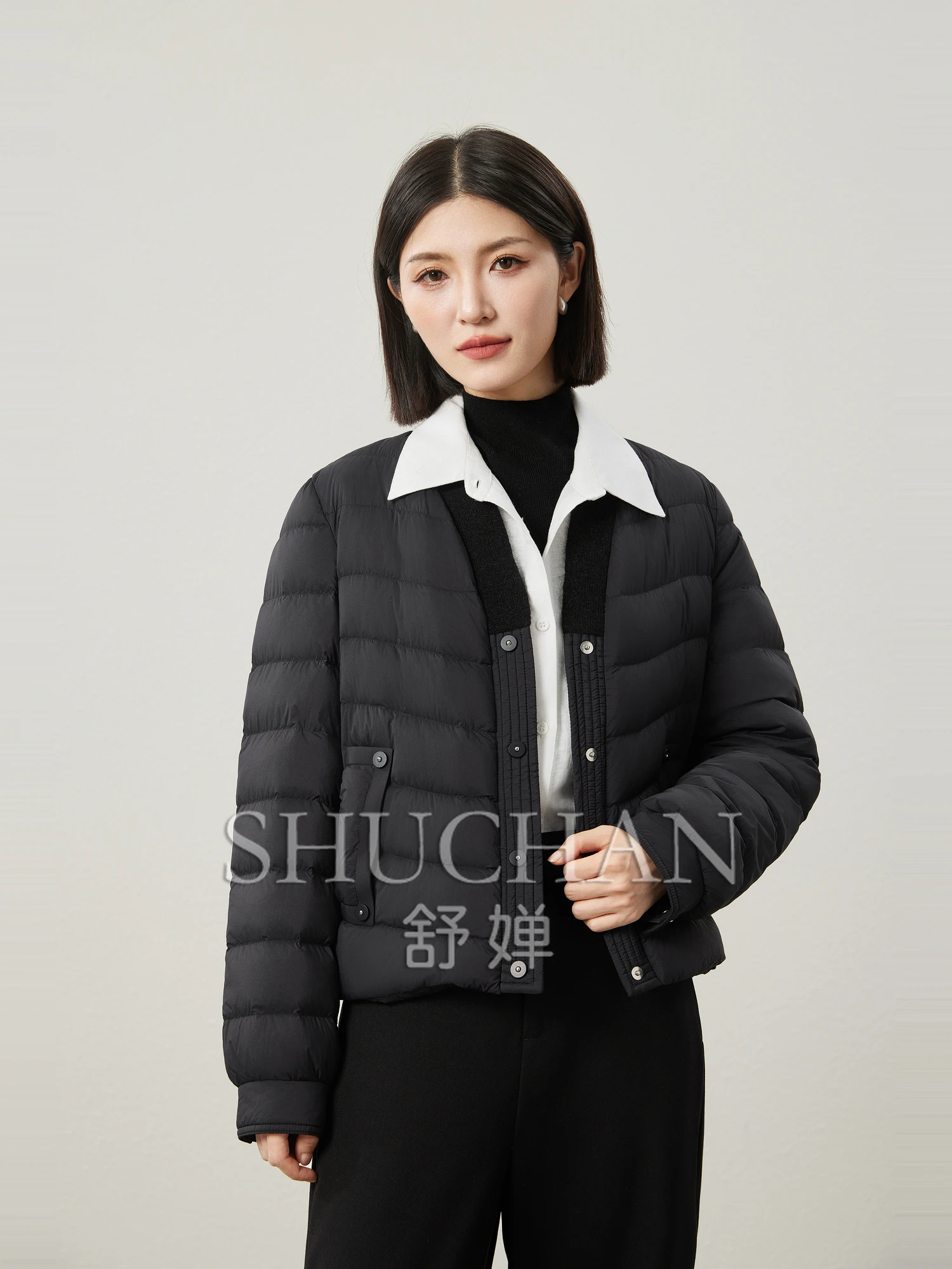 

Classic V-neck Neckline Splicing 95 White Duck Down Jacket Jacket Women 24 Autumn and Winter Casacos De Inverno Feminino