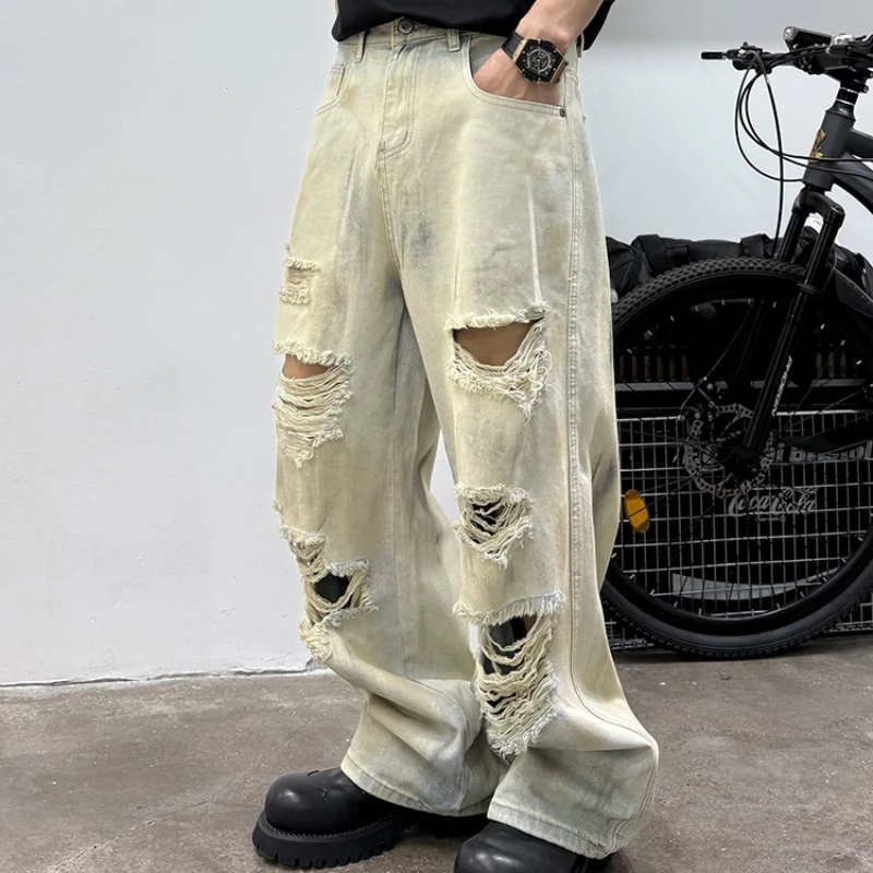 جينز أمريكي عتيق للرجال فضفاض مناسب مستقيم الساق من قماش الدنيم المتعثرة الكورية الهيب هوب شارع العليا ممزق ريترو عصري