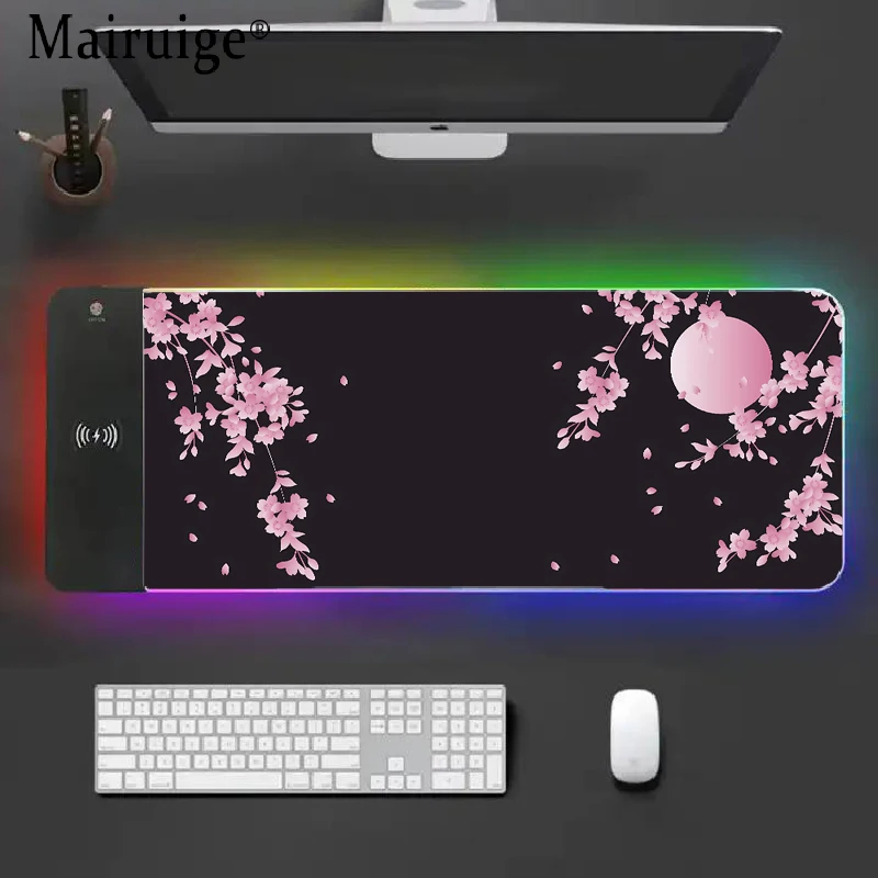 Mairuige Wireless Charging Mousepad Rgb Sakura Pink Japanese Mat Anime Rug Decoration Gaming Computer Desktops Xxl Mouse Mat