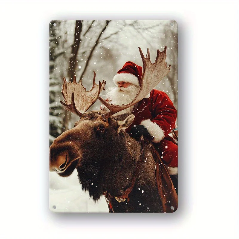 Rustic Santa Riding Moose Metal Tin Sign -  Vintage Holiday Wall Art with Pre-Drilled Holes, Durable Indoor/Outdoor Decor for