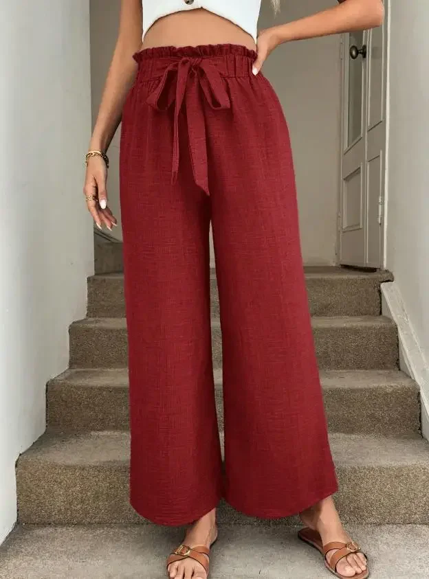 Summer Thin Cotton & Linen Vacation Wide Leg Pants for Women High Waist Lace Up Casual Pants Loose Fashion Straight Leg Pants