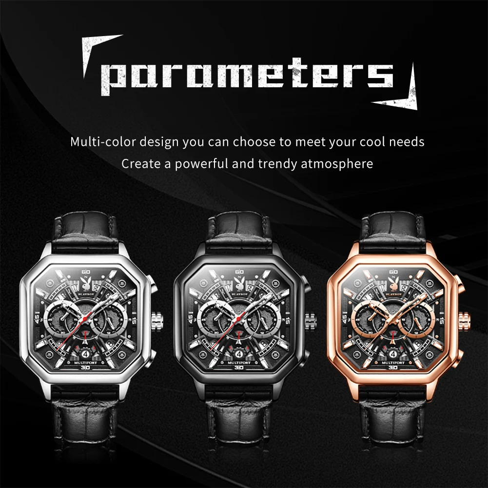 PLAYBOY High Quality Luxury Quartz Men Watch Leather Strap Fashion Waterproof Watches for Men Business Casual Men\'s Wrist Watch