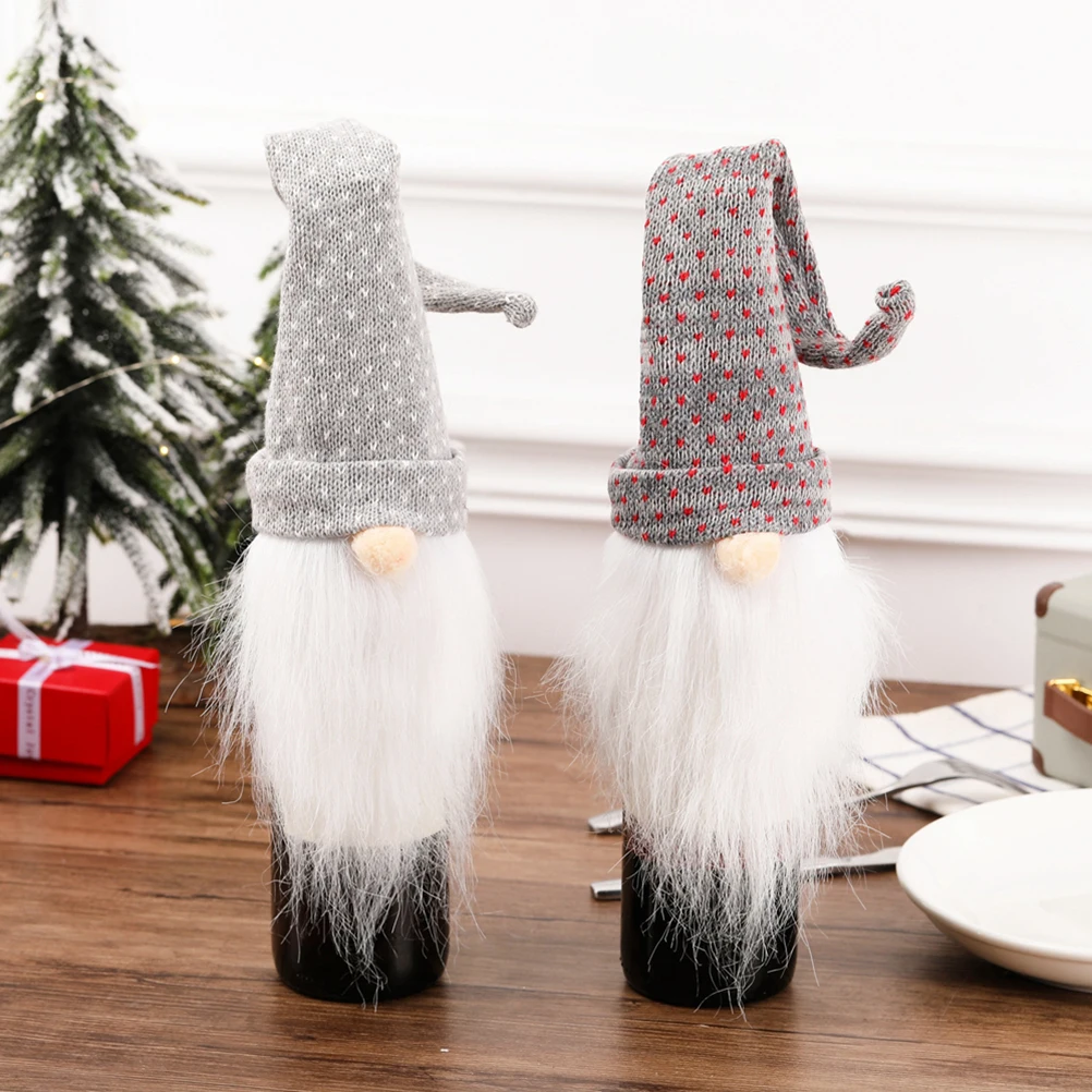 

Santa Claus Christmas Wine Bottle Cover White Beard Gray Background White Dots Wine Cover Decor for Holiday Party Banquet Table