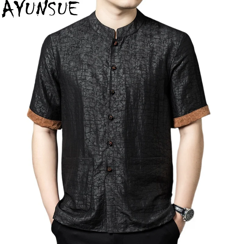 

AYUNSUE 100% Natural Mulberry Silk Shirt for Men Summer 2026 Stand Collar Gauze Silk Tops Short Sleeve Shirts Man Clothes Casual