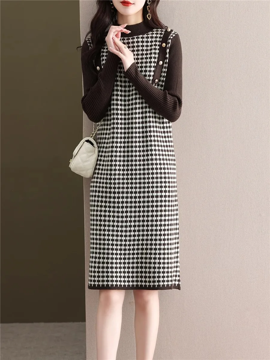 Camisola de malha feminina dr outono inverno novo sle xadrez midi dr camada base outerwear casaco saia combinando