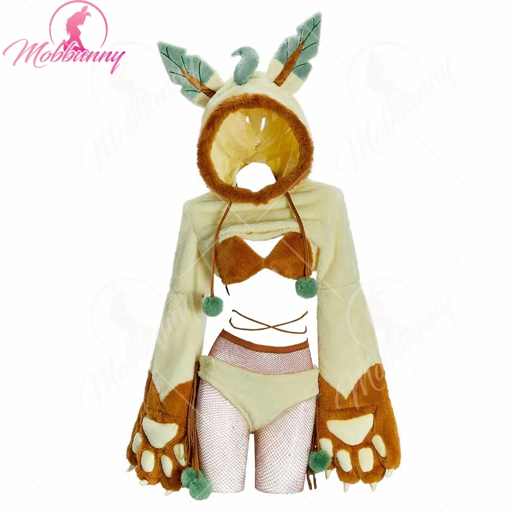 

MOBBUNNY Women Anime Derivative Cosplay Lingerie Fluffy Paw Hoodie Fuzzy Bra Panty Homewear with Fishnet Stocking Halloween